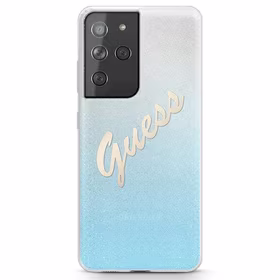 Guess GUHCS21LPCUGLSBL S21 Ultra G998blue cietais maciņš Glitter Gradient Script