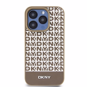 DKNY Ādas drukāts raksts metāla logotips Magnētiskais viedtālruņa apvalks iPhone 15 Pro - brūna