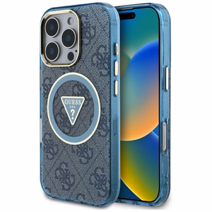 Guess IML Metal Glitter 4G Circle Triangle magnētiskais viedtālruņa apvalks iPhone 16 Pro Max - zils