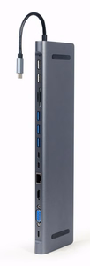 Gembird A-CM-COMBO9-01 USB Type-C 9-in-1 vairāku portu adapteris (USB centrmezgls + HDMI + VGA + PD + karšu lasītājs + LAN + 3.5 mm audio), kosmiski pelēks
