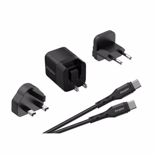 Energizer Ultimate A20MUC GaN ceļojumu sienas lādētājs ar EU / UK / US spraudņiem, USB-C, 20 W PD, ar USB-C kabeli, melns