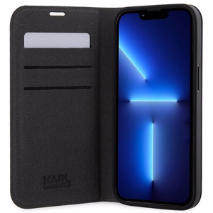 Karl Lagerfeld KLBKP14SSANKCPG iPhone 14 6.1" grāmatas tipa apvalks sudraba Saffiano Karl & Choupette