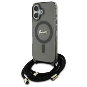 Guess Crossbody Cord Script Magnētiskais viedtālruņa apvalks iPhone 16 - melns