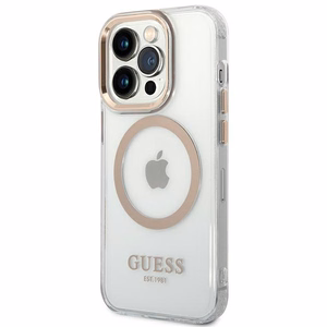 Guess GUHMP14XHTRMD iPhone 14 Pro Max 6.7 "zeltains / zeltains cietais apvalks Metāla kontūra Magnētiskais