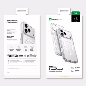 AmazingThing Minimal Mag Lens maciņš modelim iPhone 18 Pro, ar kameras aizsargu un siksniņas stiprinājumu, saderīgs ar MagSafe – krāsa: caurspīdīga