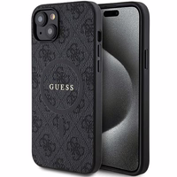Guess 4G kolekcija ādas metāla logotips Magnētiskais apvalks iPhone 14/15/13 - melns