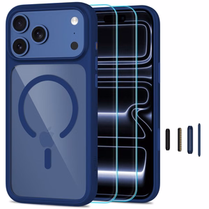 Tech-Protect MagOne MagSafe CC maciņš ar 2 rūdītiem stikliem, paredzēts iPhone 18 Pro Max / 17 Pro Max, caurspīdīgs tumši zils