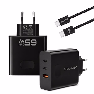 Blavec Wall charger BC-11 GaN - USB + 2xType C - QC PD 65W 3A with Type C to Type C cable (TCBC11G-U2CB653A) black