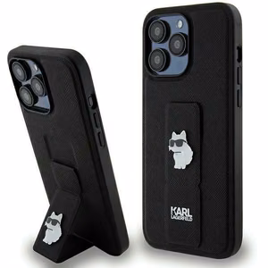 Karl Lagerfeld Gripstand Saffiano Choupette Pins viedtālruņa apvalks iPhone 13 Pro / 13 - melns