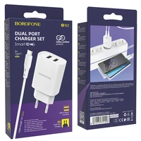 Borofone Sienas lādētājs BN2 Super - 2xUSB - 2,1A ar USB uz Type C balts