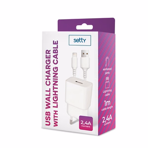 Setty lādētājs 1x USB 2,4A balts + Lightning kabelis 1,0 m JAUNS