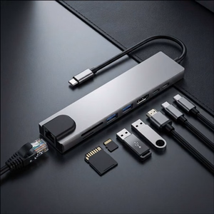 Tech-Protect HB09 USB centrmezgls 8in1 TYPE-C + USB-A 3.0 + USB-C 3.0 + HDMI 4K 60HZ + SD/TF + PD100W + RJ45 1000 MB/S - pelēks