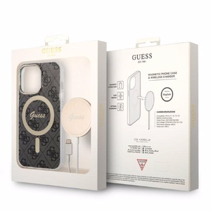 Komplekts Guess GUBPP13LH4EACSK vāciņš + lādētājs iPhone 13 Pro melns cietais vāciņš ar 4G rakstu Magnētiskais