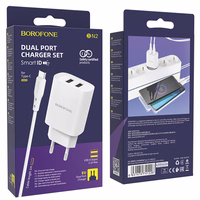 Borofone Sienas lādētājs BN2 Super - 2xUSB - 2,1A ar USB uz Type C balts