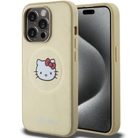 Hello Kitty ādas Kitty Head magnētiskais viedtālruņa apvalks iPhone 15 Pro - zelta