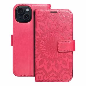 MEZZO Grāmatas tipa viedtālruņa apvalks IPHONE 15 mandala purpursarkana