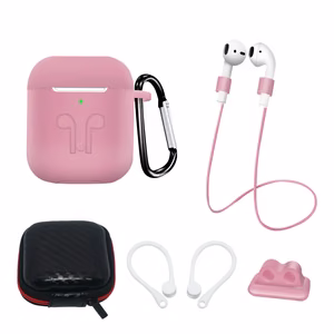 Komplekts: AirPods 2 / AirPods 1 silikona apvalks + apvalks / ausu āķis / kakla siksna / pulksteņa siksnas turētājs / karabīne - rozā