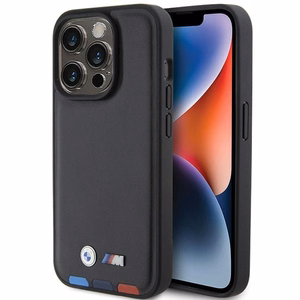 BMW BMHCP15L22PTDK viedtālruņa apvalks iPhone 15 Pro 6.1" melns/melns ādas ar trīskrāsu emblēmu