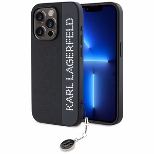 Karl Lagerfeld Saffiano ar rhinestones un šarma viedtālruņa apvalks iPhone 15 Pro Max - melns