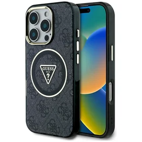 Guess IML Metal Glitter 4G Circle Triangle magnētiskais viedtālruņa apvalks iPhone 16 Pro - melns