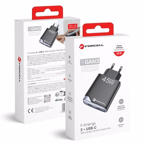 FORCELL F-ENERGY GaN III B245201(2C) īpaši plāns ceļojumu lādētājs 2 x Type C + USB A PD QC4.0 3A 45W melns