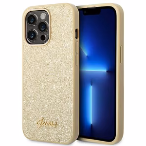 Guess Glitter Script viedtālruņa apvalks iPhone 14 Pro - zelta