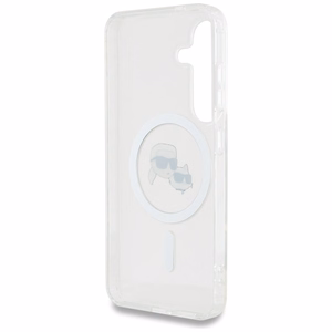Viedtālruņa apvalks Karl Lagerfeld Button Karl & Choupette Heads Izdrukāts logotips MagSafe Samsung Galaxy S25 - balts