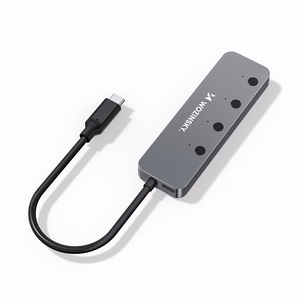 Pelēks alumīnija 4 × USB-A 3.0 centrmezgls Wozinsky WHS080YSS ar atsevišķiem slēdžiem un 15 cm USB-C kabeli