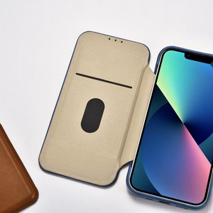 iCarer CE Premium ādas folio vāciņš iPhone 14 Plus ar MagSafe magnētisku flip vāciņu - zilā krāsā