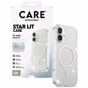 CARE by PanzerGlass Flagship Urban Explorer viedtālruņa apvalks ar baltu magnētisko MagSafe, paredzēts iPhone 17 – caurspīdīgs ar spīdumiem