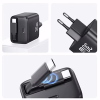 USAMS tīkla lādētājs 1xUSB-C ar izvelkamu kabeli USB-C Retractable PD+QC 30W Gan Fast Charging melns YC Series CC241TC01 (US-CC241)