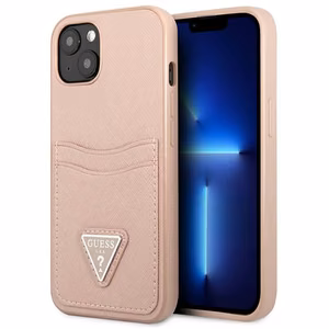 Guess GUHCP13MPSATPP iPhone 13 6.1 viedtālruņa apvalks, rozā, ciets, ar Saffiano trīsstūra logotipu un karšu nodalījumu