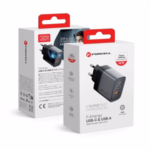 FORCELL F-ENERGY GaN VT-39 pelēks ceļojuma lādētājs Type C + USB A PD QC4.0 4A 45W ar PD
