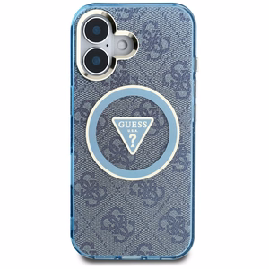 Guess IML Metal Glitter 4G Circle Triangle magnētiskais viedtālruņa apvalks iPhone 16 - zils