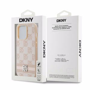 DKNY ādas rūtainais mono raksts un drukātas svītras viedtālruņa apvalks iPhone 14 Pro - rozā