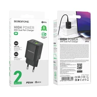 Borofone Sienas lādētājs BN14 Royal GaN - USB + Type C - QC 3.0 PD 30W melns