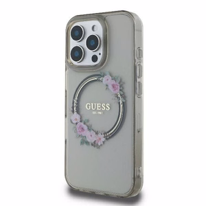 Guess IML Ziedu vainaga Magnētiskais viedtālruņa apvalks iPhone 16 Pro - melns