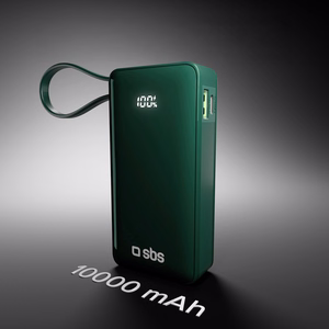 Внешний аккумулятор SBS 10000 mAh 20W со встроенным кабелем USB-C и цифровым дисплеем - зелёный