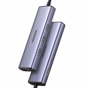 Ugreen CM512 15598 6in1 sadalītājs USB-C - 3x USB-A 3.0 / HDMI / RJ45 / USB-C PD - pelēks