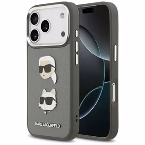 Karl Lagerfeld FW Grained Karl & Choupette Heads Pins & Logo viedtālruņa apvalks iPhone 17 Pro - pelēks