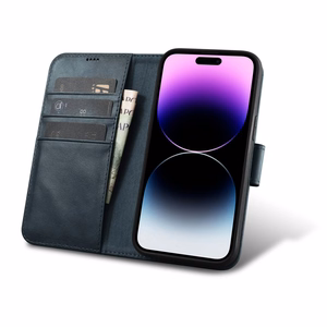 iCarer Eļļas Vaska Maki Apvalks 2in1 Vāks iPhone 14 Pro Max Ādas Atverams Apvalks Anti-RFID Zils (WMI14220724-BU)