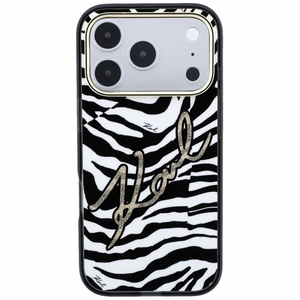 Karl Lagerfeld IML Signature Zebra Glitter MagSafe maciņš modelim iPhone 17 Pro / 18 Pro – zelta krāsā