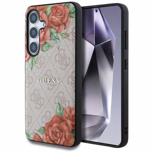 Guess ādas 4G ziedu raksta metāla klasiskais logotips magnētiskais viedtālruņa apvalks Samsung Galaxy S25 - rozā