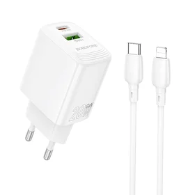 Borofone sienas lādētājs BN27 Fuente - USB + Type C - QC 3.0 PD 20W ar Type C uz Lightning kabeli balts