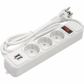 Extension cord 1.8m, 3 sockets + 2 USB, ar switch