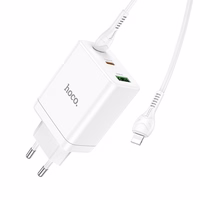 Lādētājs Hoco 2 x USB C + USB A QC3.0 PD 3A 35W N33 + Kabelis USB C uz Lightning N33 balts