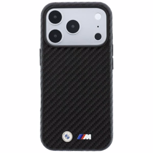 BMW aizsargvāciņš ierīcei iPhone 18 Pro Max / 17 Pro Max: (Carbon Metal Logo), saderīgs ar MagSafe, krāsa – melna
