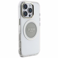 Guess IML Metal Colored Circle Classic Logo Magnētiskais viedtālruņa apvalks iPhone 16 Pro - pelēks