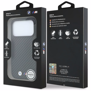 BMW aizsargvāciņš ierīcei iPhone 18 Pro Max / 17 Pro Max: (Carbon Metal Logo), saderīgs ar MagSafe, krāsa – melna