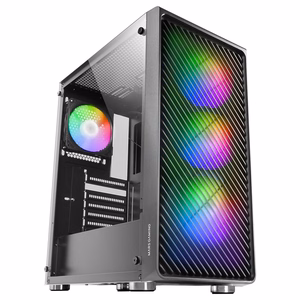 Mars Gaming MC-F ATX spēļu pus-torņa korpuss, pilns rūdīts stikls, metāla sieta priekšpuse, 4× 120 mm ARGB ventilatori, melns